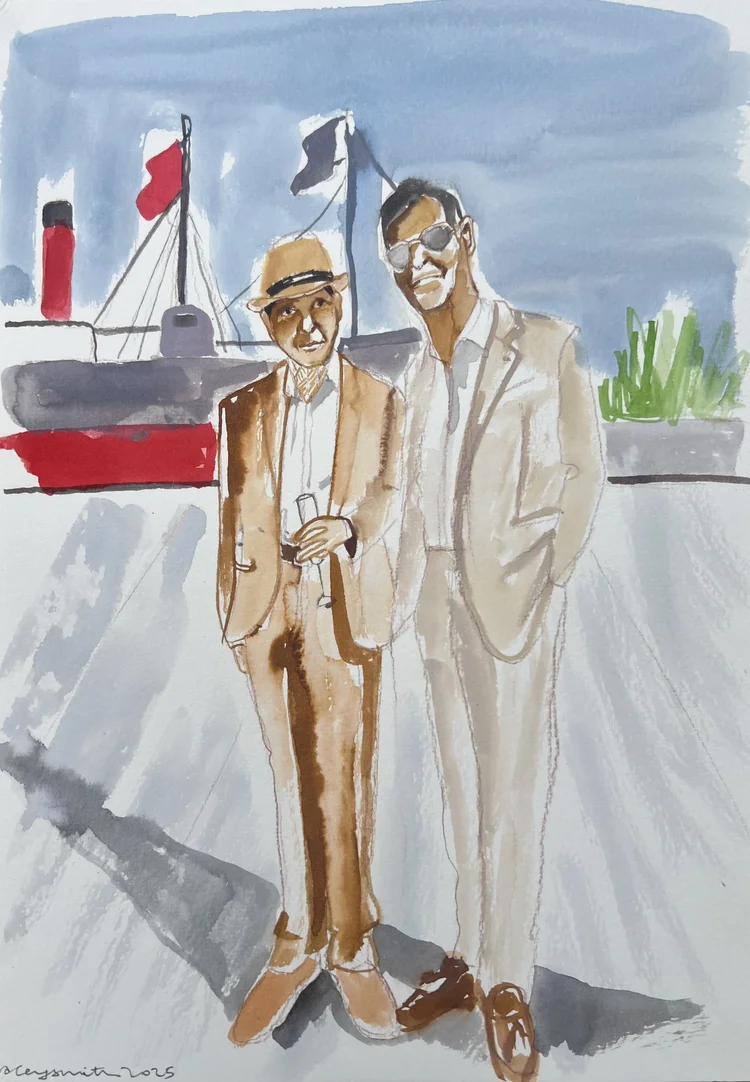 Ink and watercolour portrait of two men at a live event by Tracey Smith.