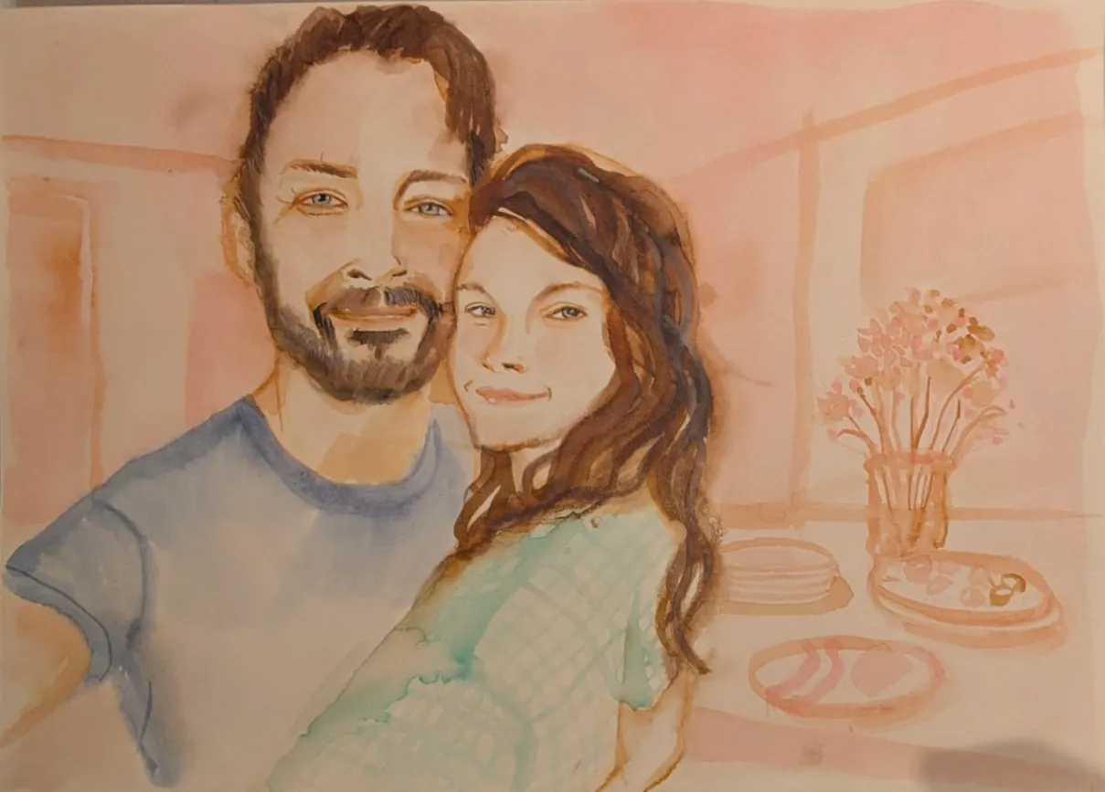 Couple portrait commission watercolour illustration by Tracey Smith