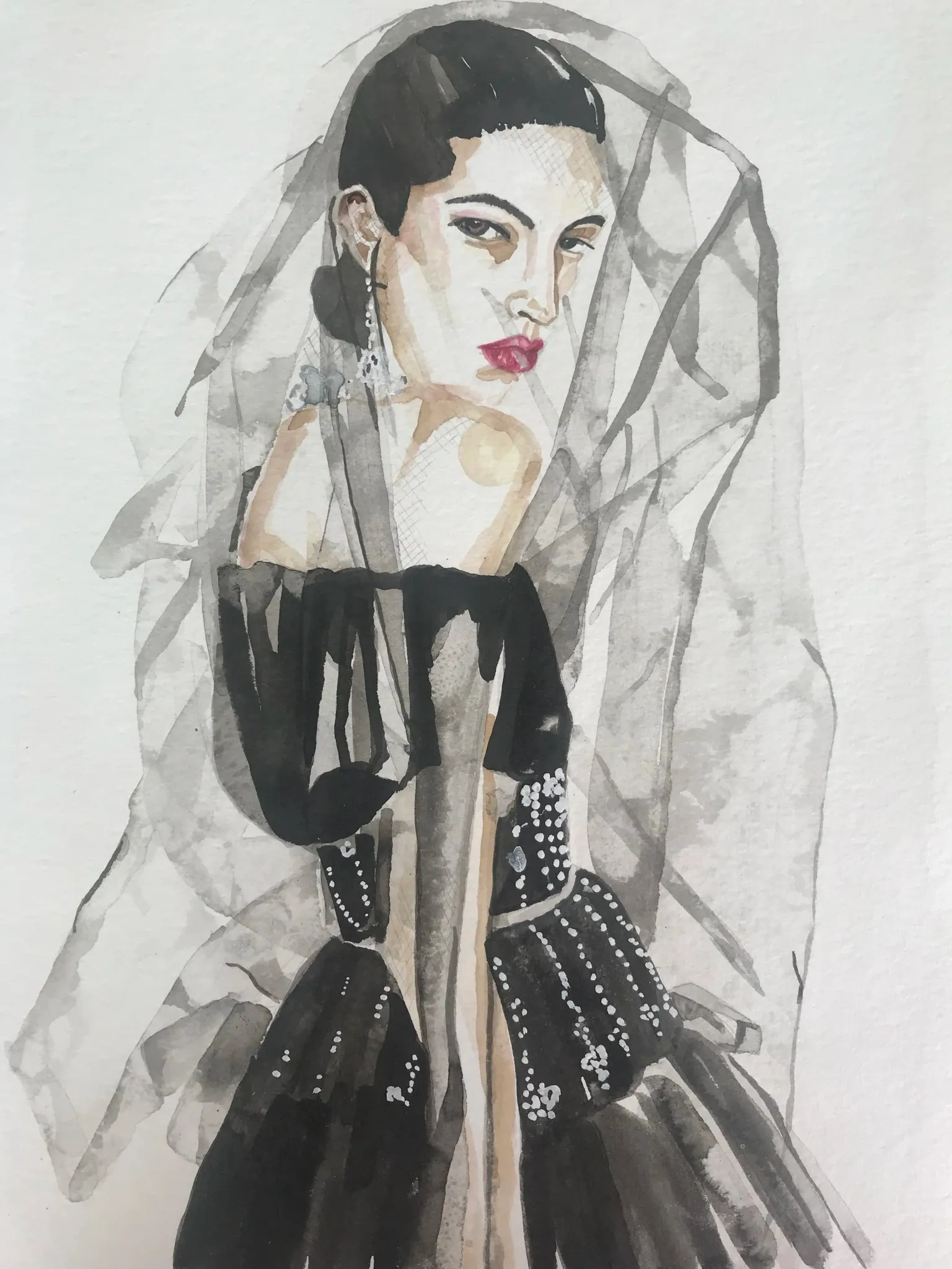Alexander McQueen dress illustrated in ink and watercolour by Tracey Smith.