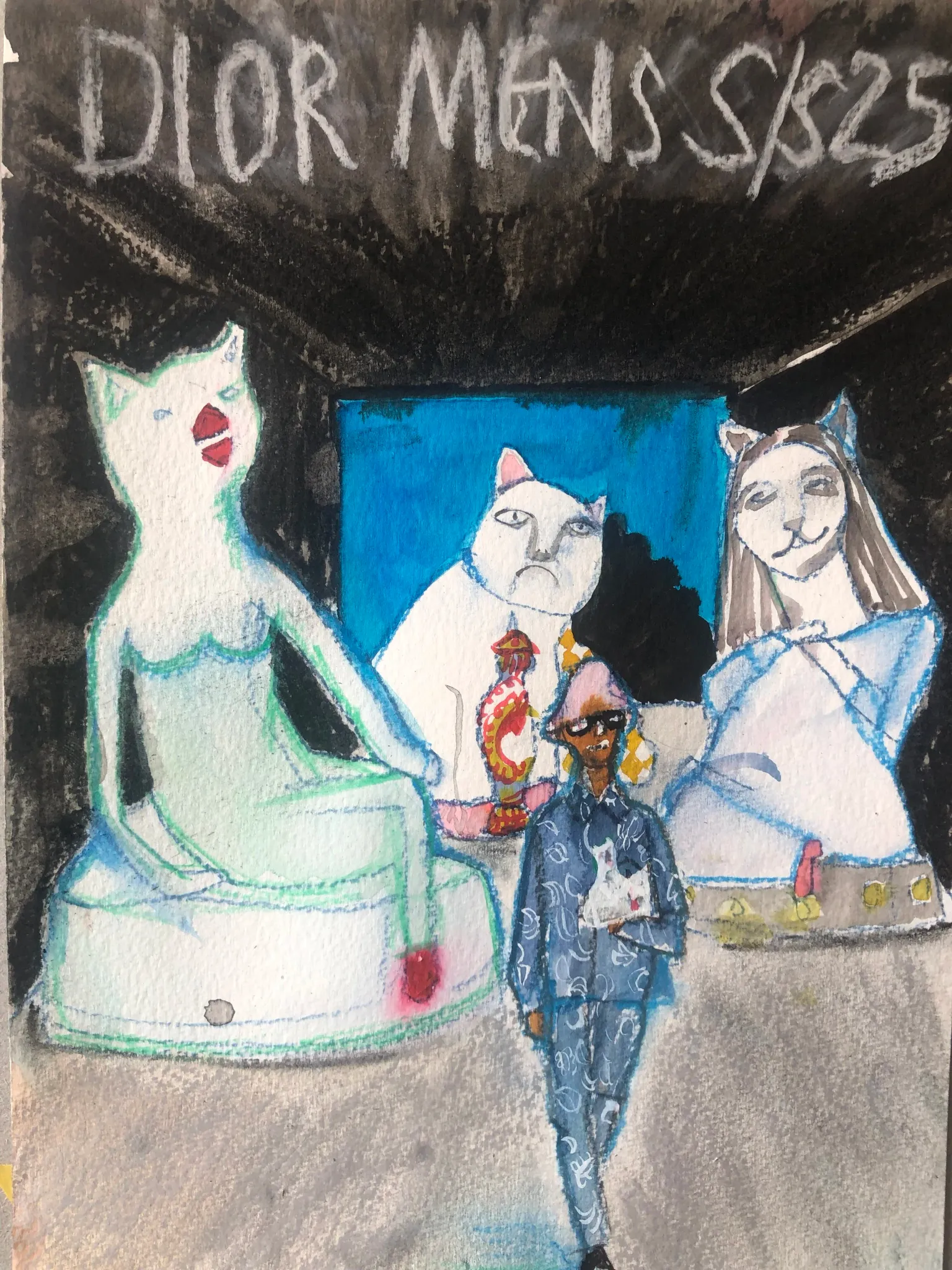 Catwalk look illustrated in ink and watercolour by Tracey Smith.
