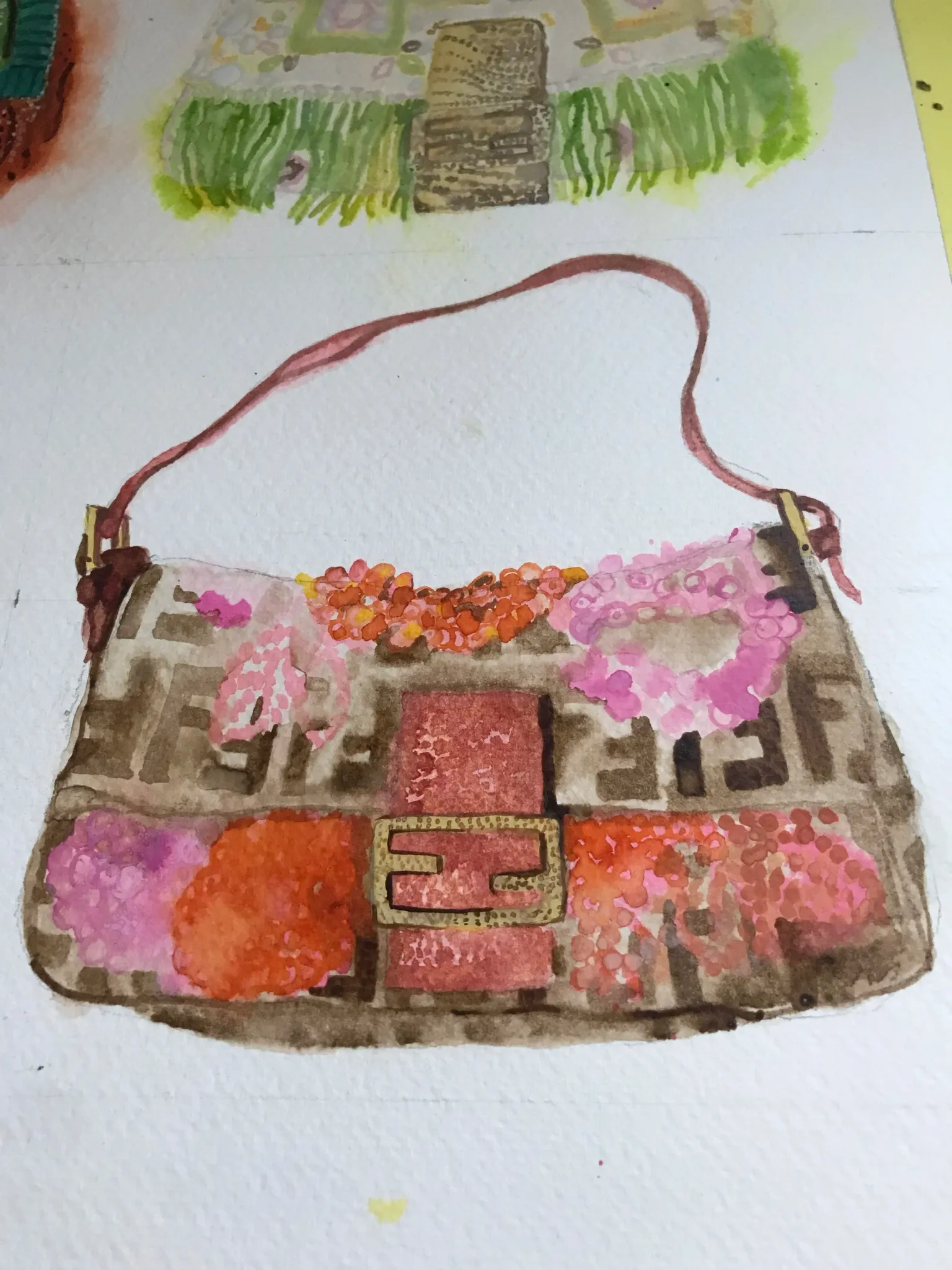 Fendi baguette bag watercolour illustration by Tracey Smith