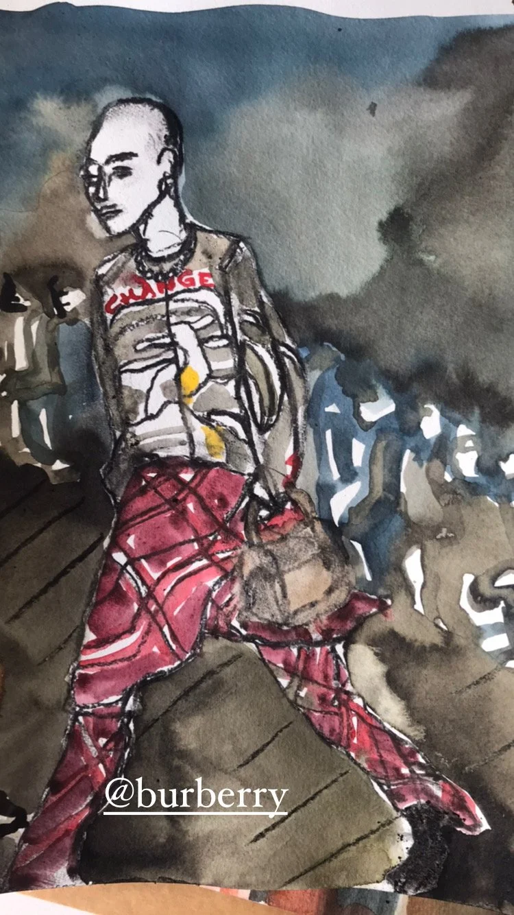 Burberry A/W 23 catwalk illustration.