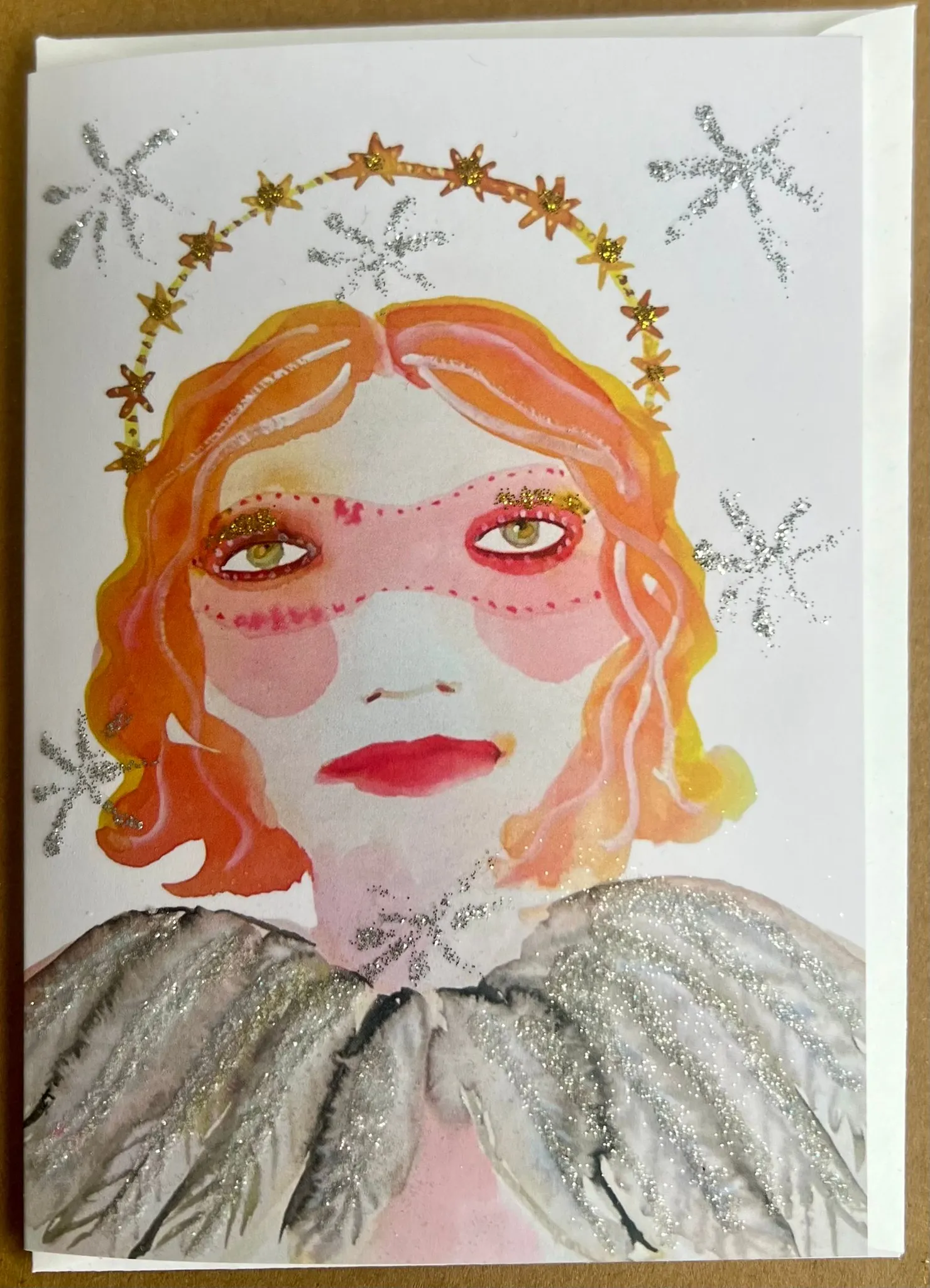 Glittery Angel A6 Christmas card illustrated by Tracey Smith
