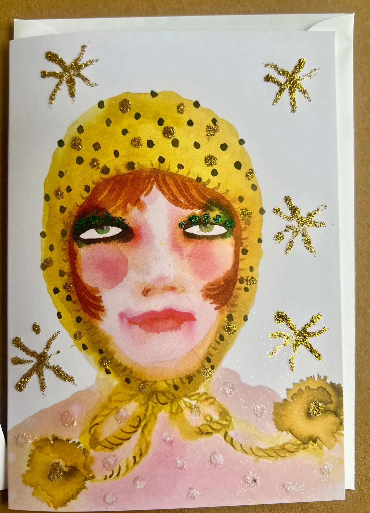 Glittery Gold Bonnet A6 Christmas card illustrated by Tracey Smith