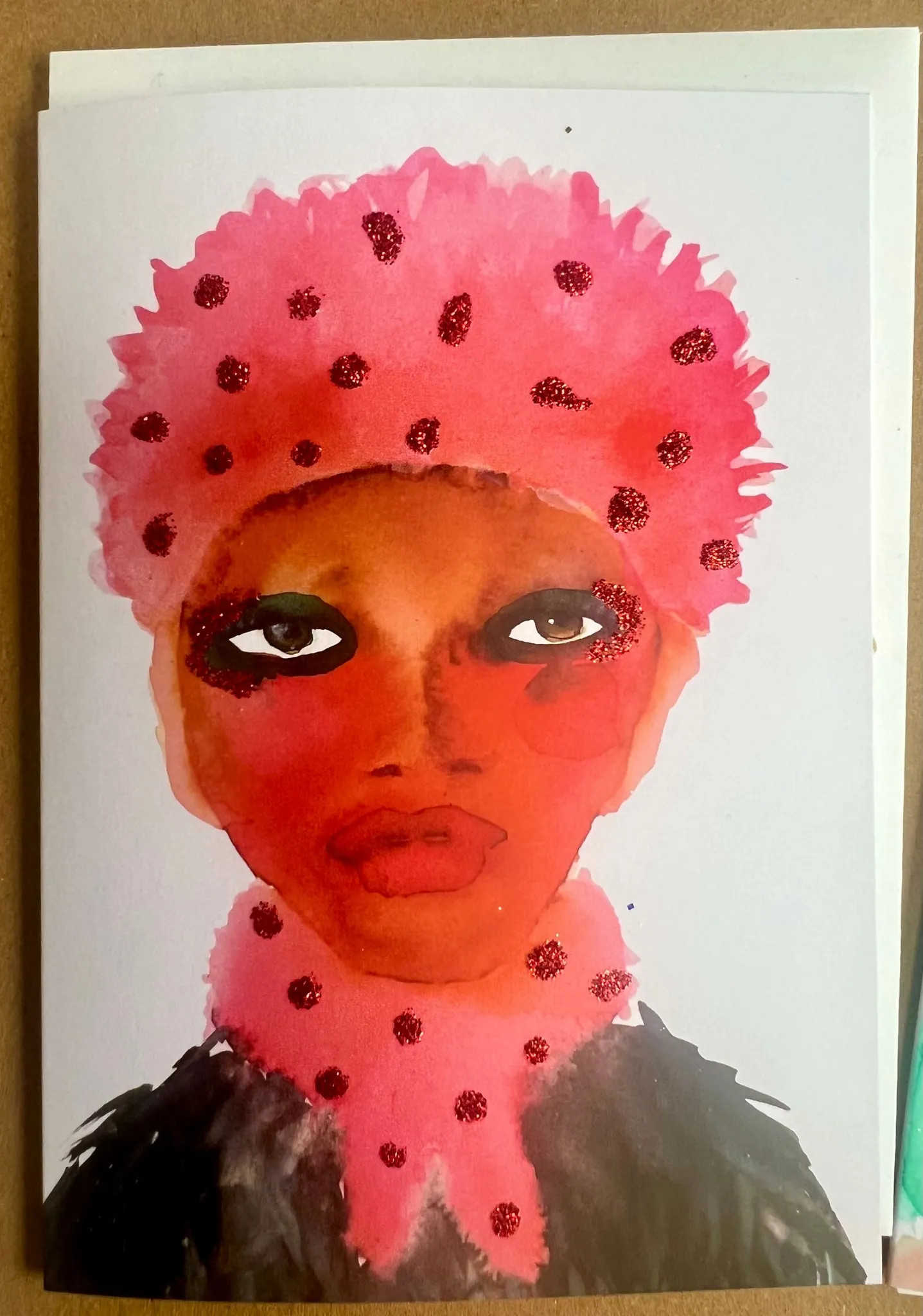 Glittery Pink Hat and Scarf A6 Christmas card illustrated by Tracey Smith