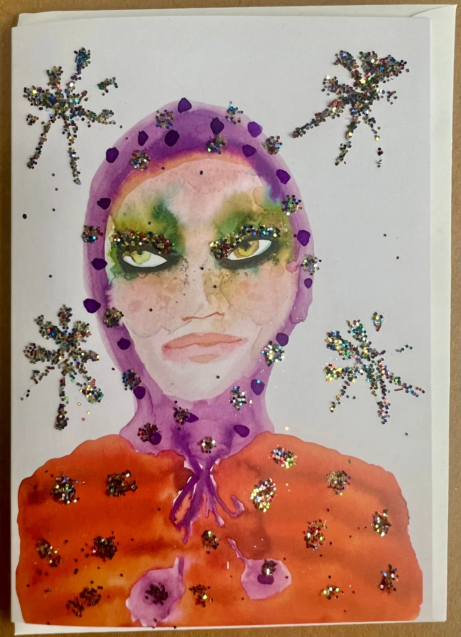Glittery Purple Bonnet A6 Christmas card illustrated by Tracey Smith