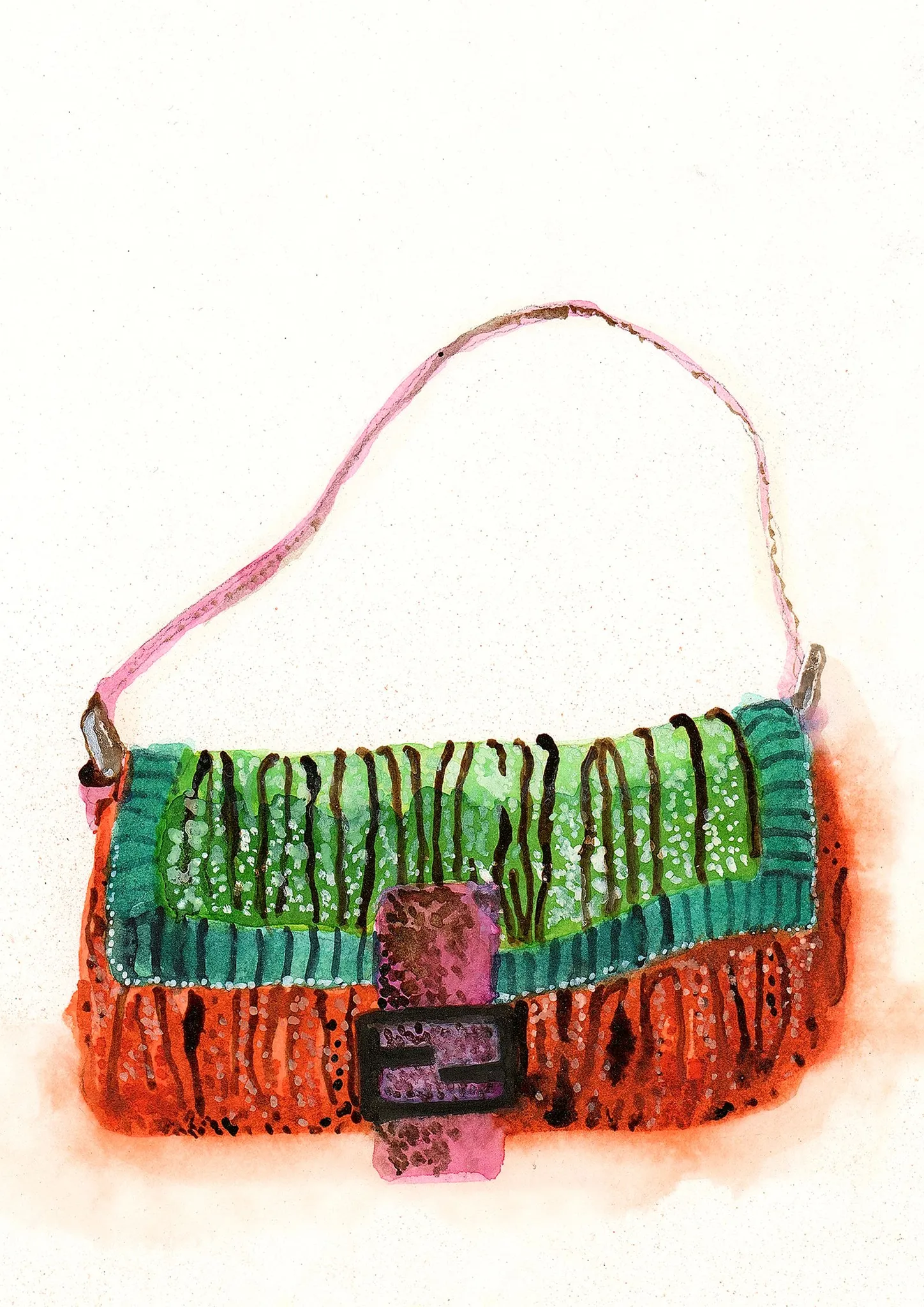 Green and Orange Beaded Bag A4 giclee print, an ink and watercolour illustration by Tracey Smith