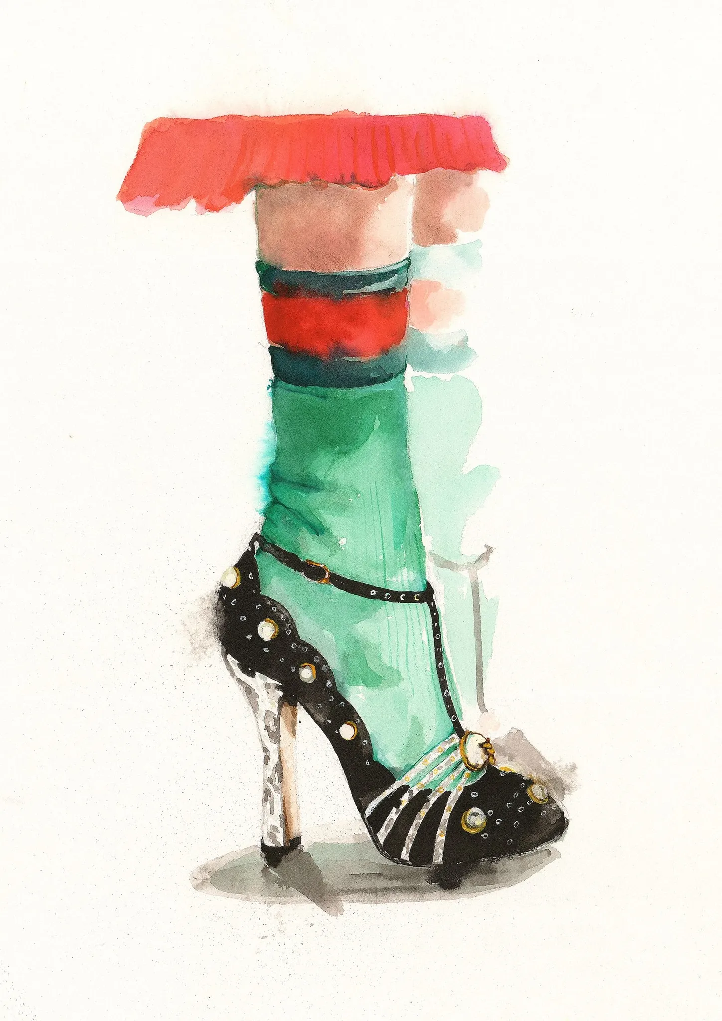 Green Socks with Shoe A4 giclee print, an ink and watercolour illustration by Tracey Smith