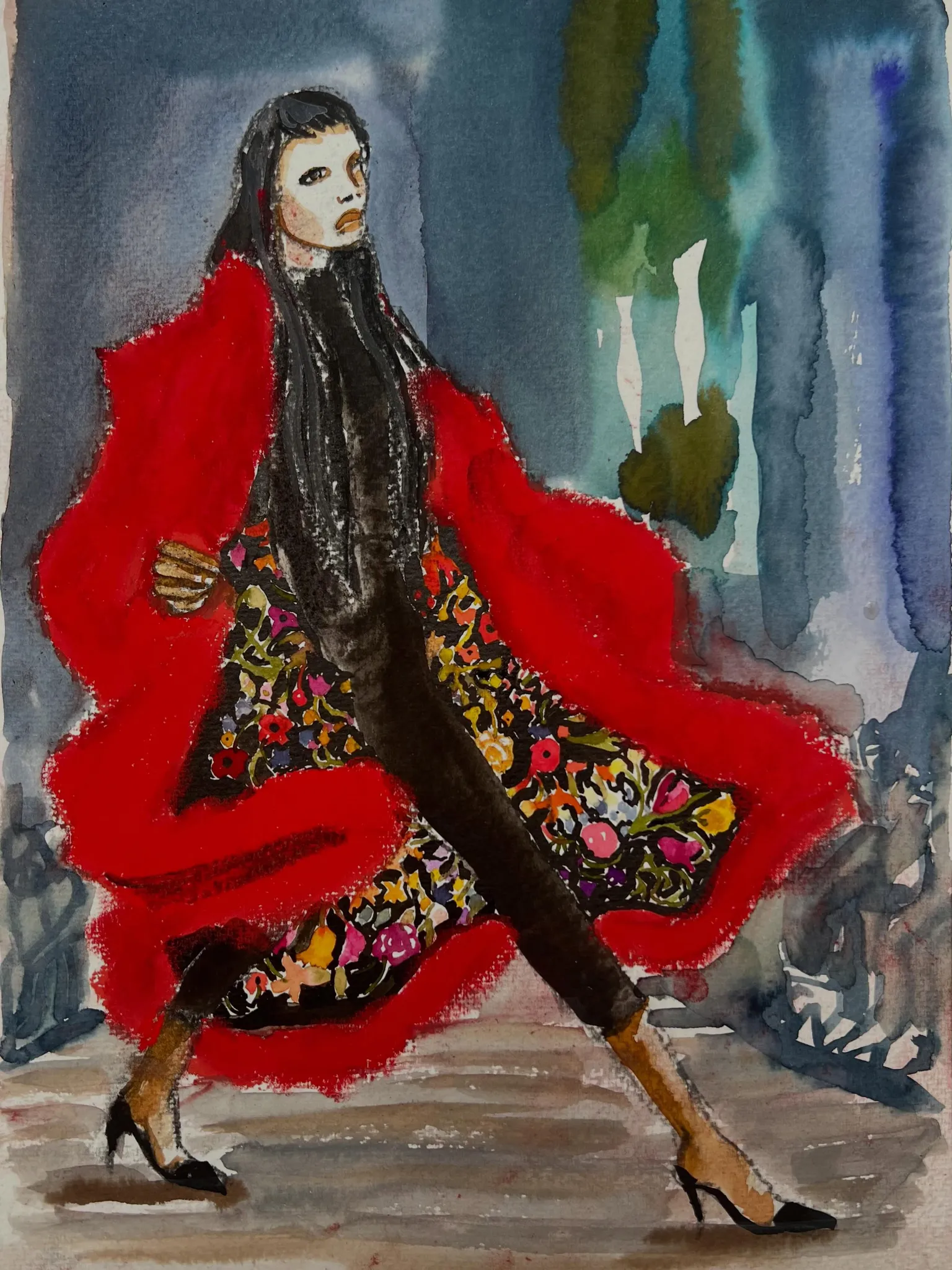 Gucci Core 2027 catwalk look illustrated in charcoal, watercolour ink and soft pastel by Tracey Smith.
