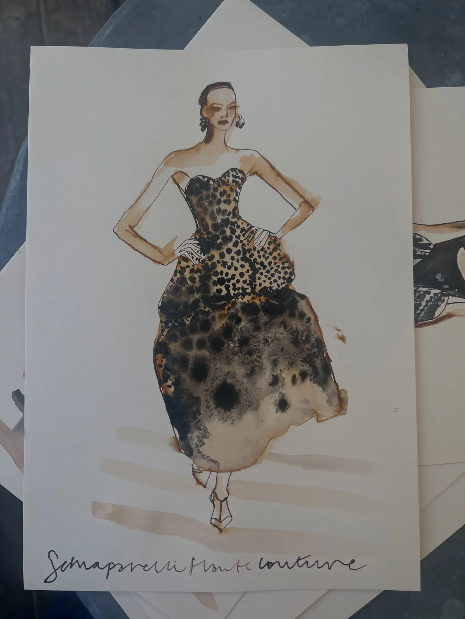 Schiaparelli haute couture illustrated in dip pen and ink by Tracey Smith.