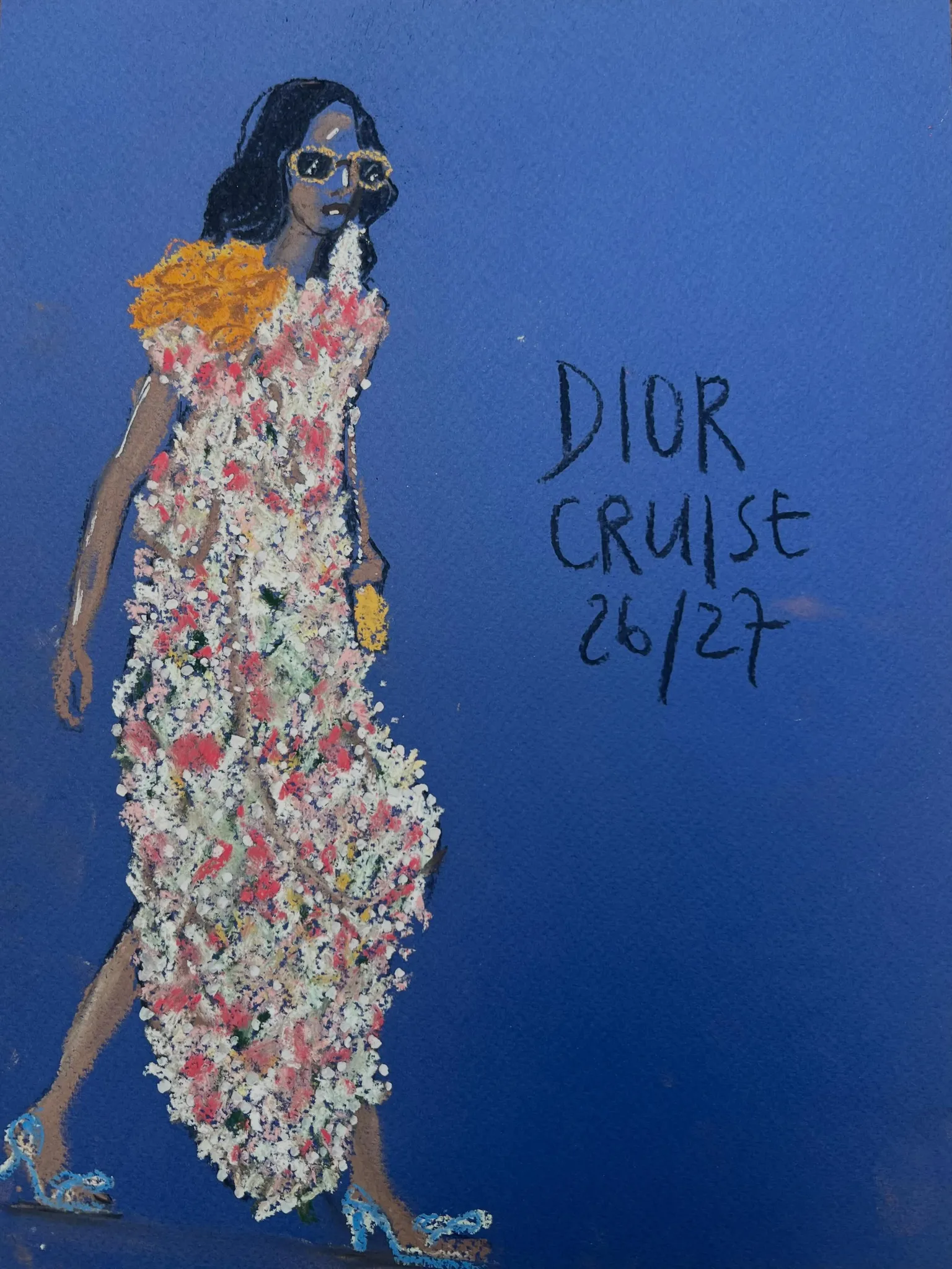 Dior Cruise look illustrated in charcoal, pastel and ink by Tracey Smith.