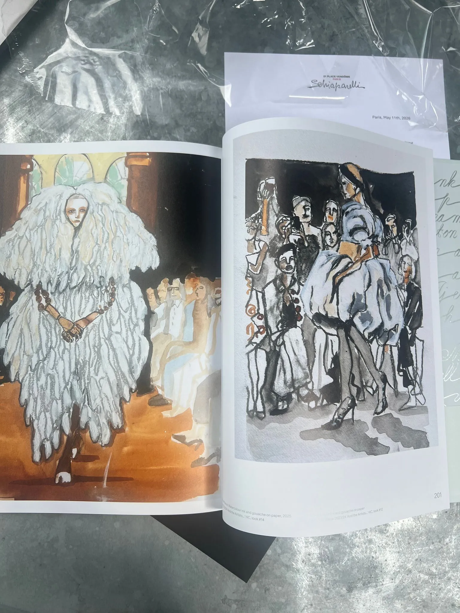 Schiaparelli Anglomaniac book open spread featuring illustration by Tracey Smith.