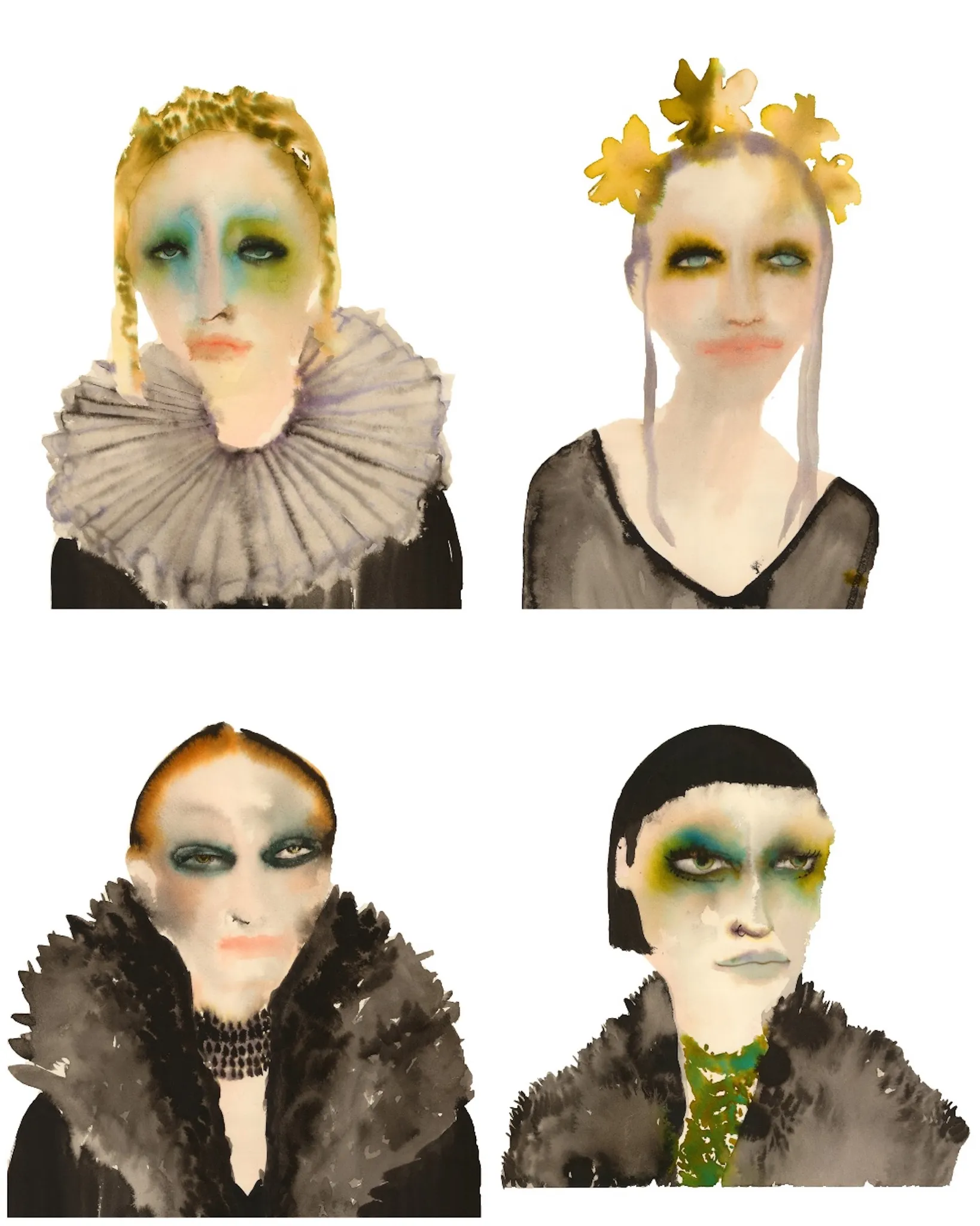 Luna, Simone, Ophelia and Magda — watercolour and ink fashion portraits by Tracey Smith, London fashion illustrator.