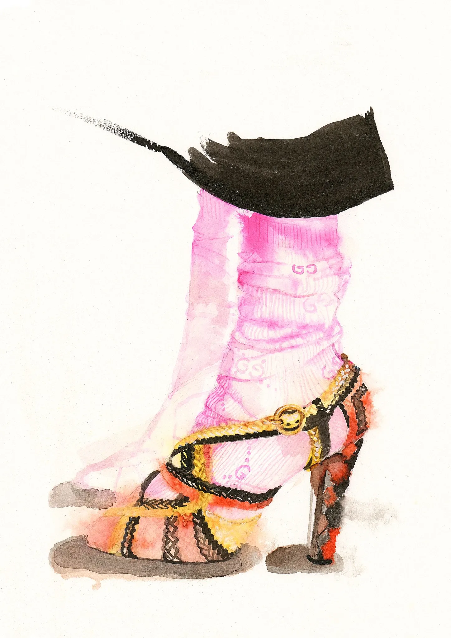 Pink Socks with Shoe A4 giclee print, an ink and watercolour illustration by Tracey Smith
