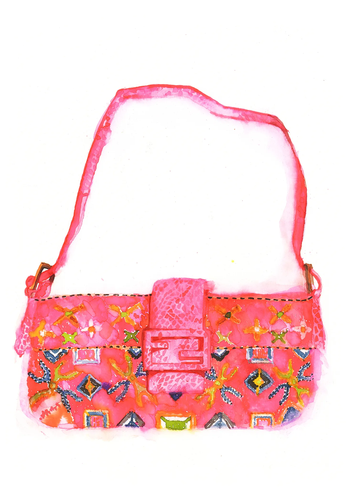 Pink Fendi baguette bag illustration by Tracey Smith