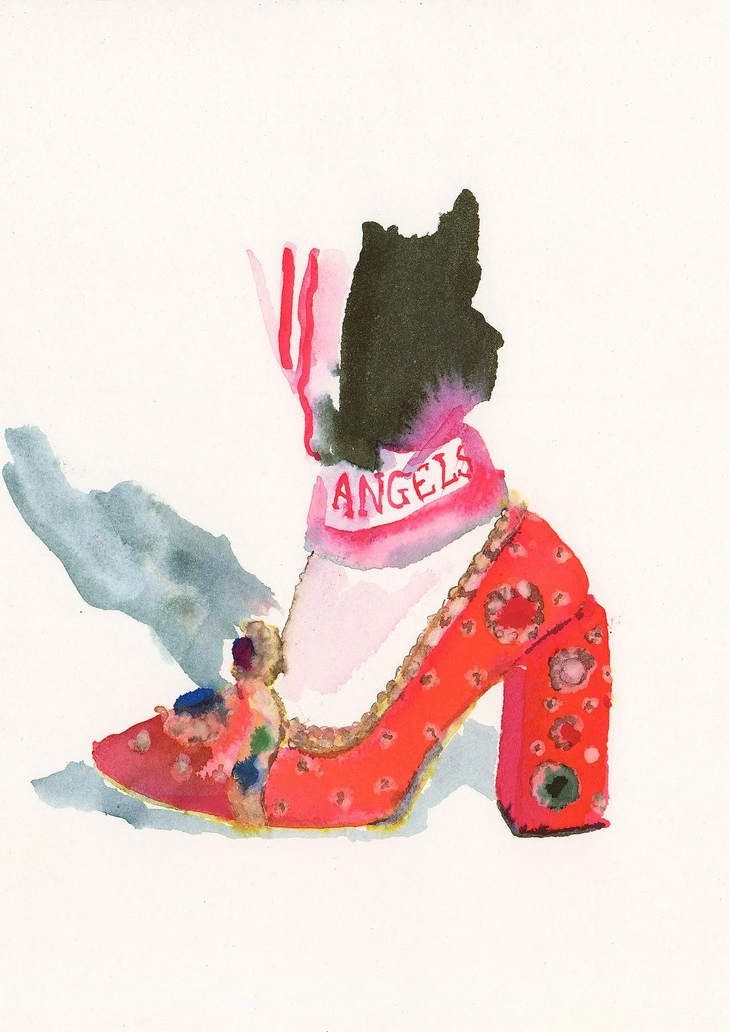 Red Beaded Shoe A4 giclee print, an ink and watercolour illustration by Tracey Smith