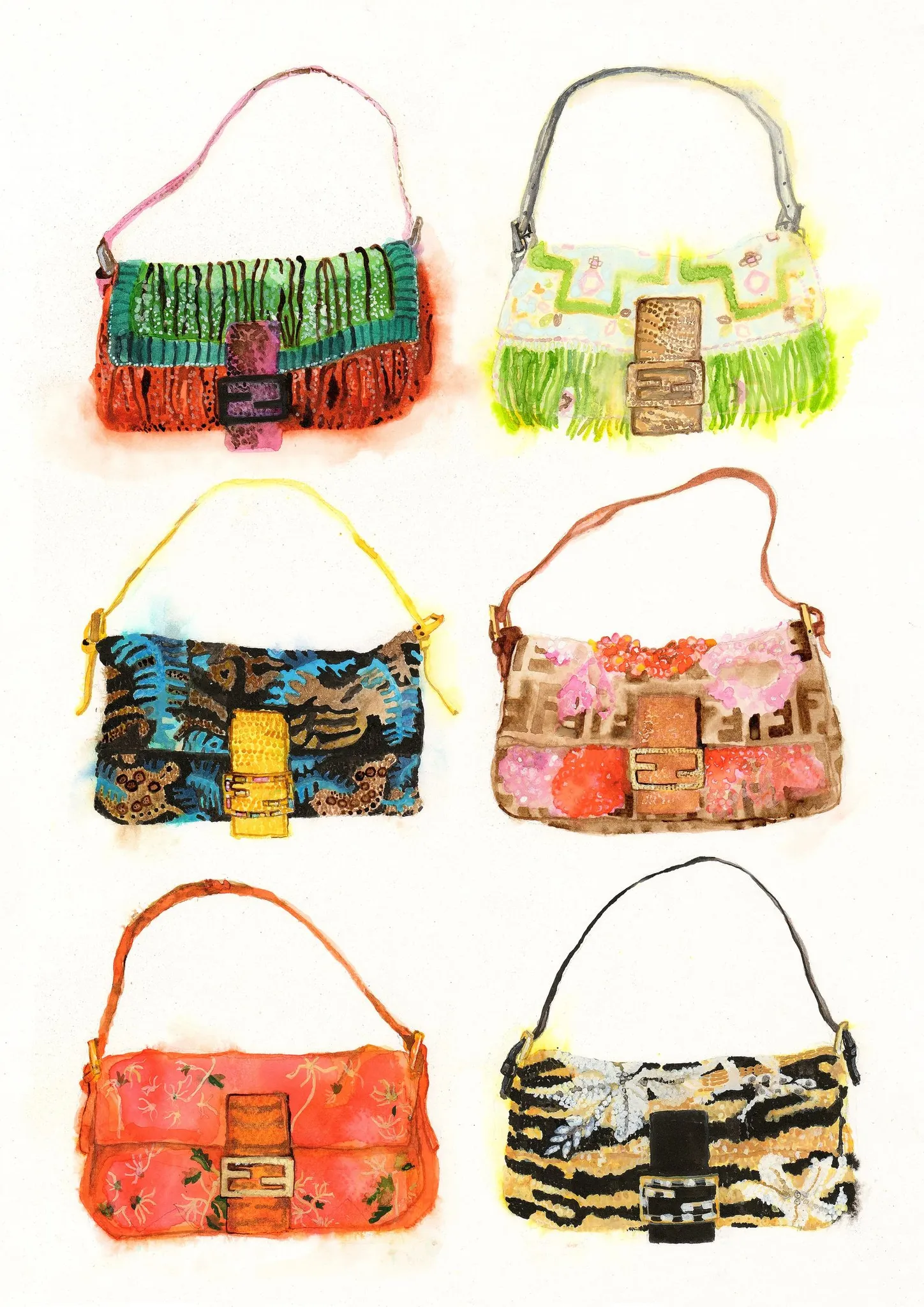 Six Bags A3 giclee print, an ink and watercolour illustration by Tracey Smith