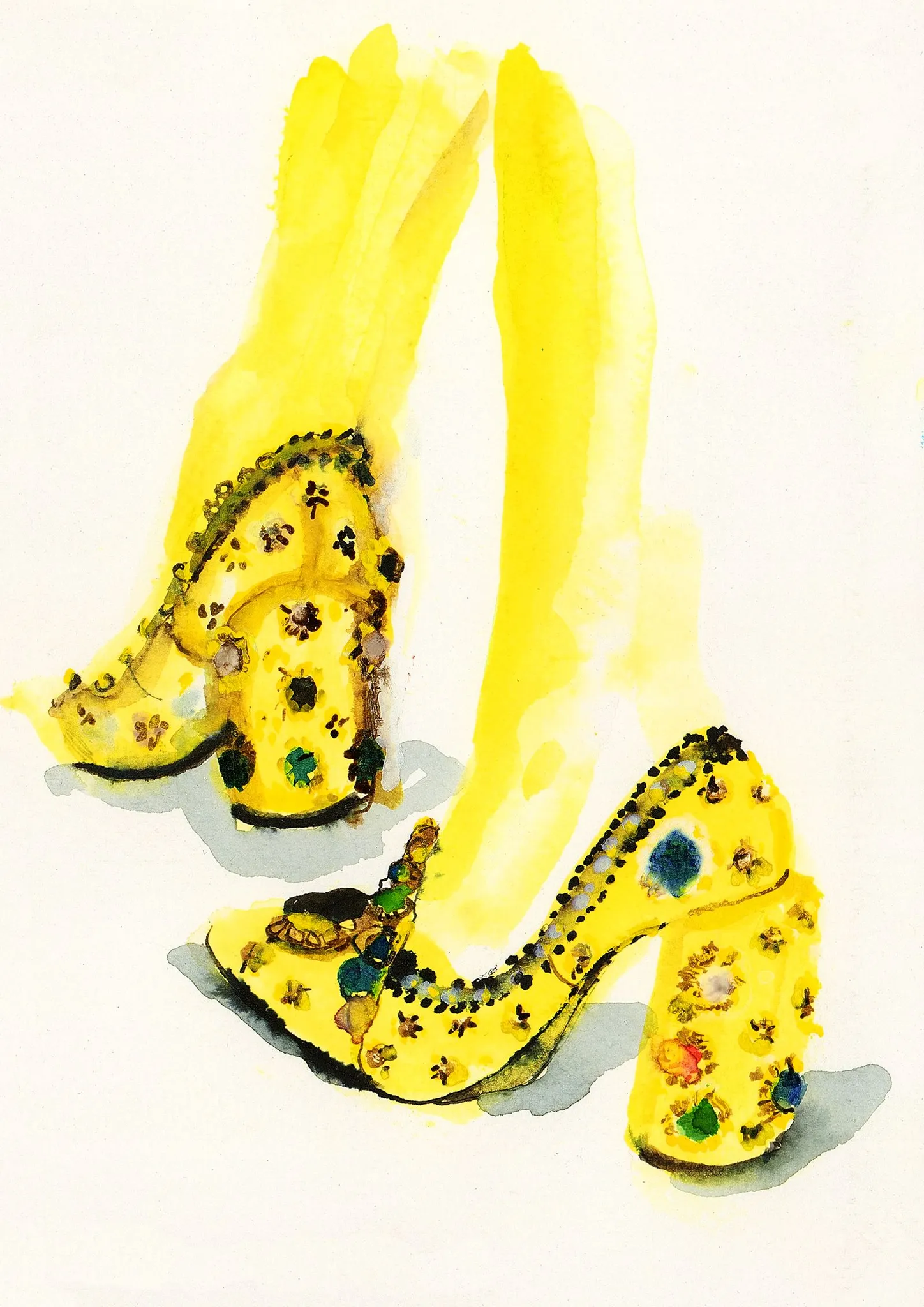 Yellow Beaded Shoes A4 giclee print, an ink and watercolour illustration by Tracey Smith